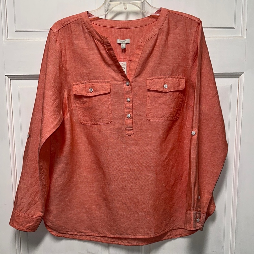 New! Talbots Pink Mandarin v-neck short collar Blouse